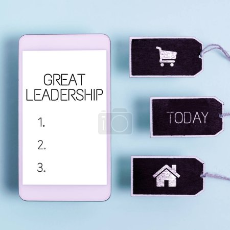Photo for Sign displaying Great Leadership, Conceptual photo gather either formally or informally to bring up ideas Tablet With Important Message Over Clipboard And Piece Of Paper. - Royalty Free Image