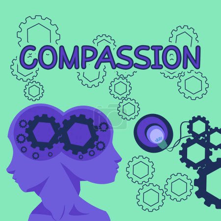 Photo for Text caption presenting Compassion, Word for empathy and concern for the pain or misfortune of others Two Heads With Cogs Showing Technology Ideas. - Royalty Free Image