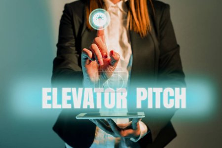Photo for Text caption presenting Elevator Pitch, Internet Concept A persuasive sales pitch Brief speech about the product - Royalty Free Image