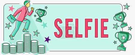 Téléchargez les photos : Affichage conceptuel Selfie, Parole écrite par soi-même à l'aide d'un appareil photo numérique pour la publication sur les réseaux sociaux - en image libre de droit