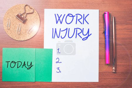 Photo for Sign displaying Work Injury, Business approach an accident occurred as a result of labor resulting to an damage - Royalty Free Image