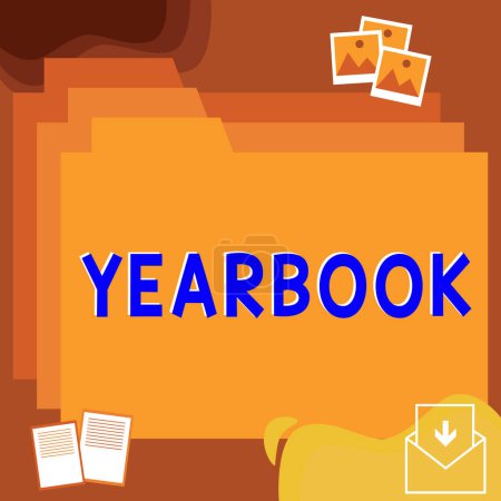 Photo for Text caption presenting Yearbook, Business showcase publication compiled by graduating class as a record of the years activities - Royalty Free Image