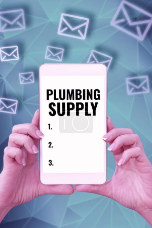 Photo for Writing displaying text Plumbing Supply, Word Written on tubes or pipes connect plumbing fixtures and appliances - Royalty Free Image