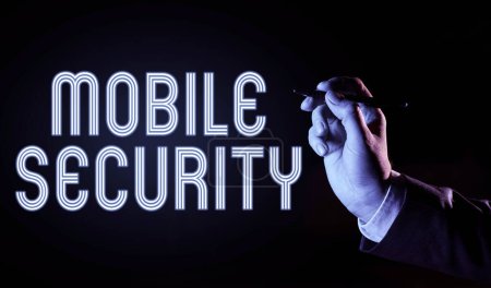 Foto de Texto que presenta Mobile Security, Concepto que significa esfuerzos para proteger los datos en dispositivos móviles como teléfonos inteligentes - Imagen libre de derechos