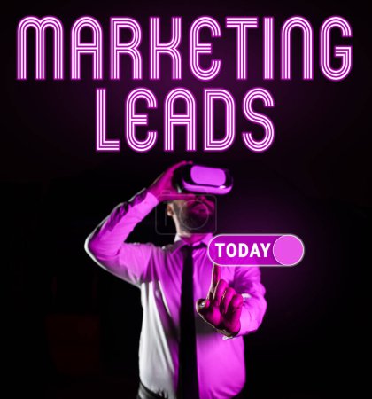 Photo for Writing displaying text Marketing Leads, Word Written on person who shows interest in the brand or products - Royalty Free Image
