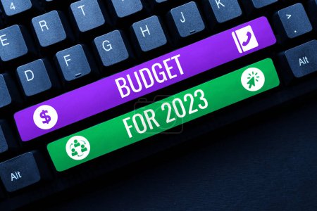 Téléchargez les photos : Enseigne texte montrant le budget pour 2023, Approche commerciale Estimation écrite des recettes et des dépenses pour 2023 - en image libre de droit