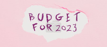 Téléchargez les photos : Signe texte montrant le budget de 2023, Mot écrit sur une estimation écrite des revenus et des dépenses pour 2023 - en image libre de droit