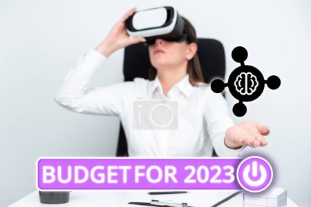 Téléchargez les photos : Panneau affichant le budget pour 2023, Mot pour mot Estimation écrite des recettes et des dépenses pour 2023 - en image libre de droit