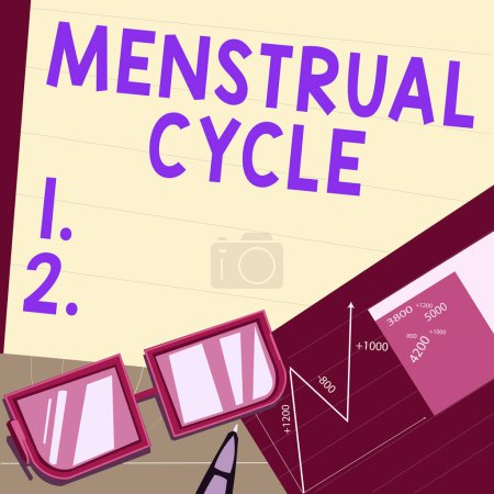 Foto de Signo de texto que muestra el ciclo menstrual, Palabra Escrito en el ciclo mensual de los cambios en los ovarios y el revestimiento del útero - Imagen libre de derechos