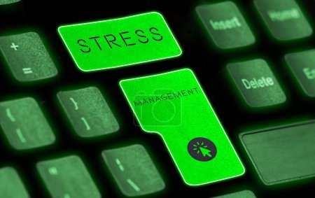 Foto de Visualización conceptual Gestión del estrés, Palabra para aprender formas de comportarse y pensar que reducen el estrés - Imagen libre de derechos