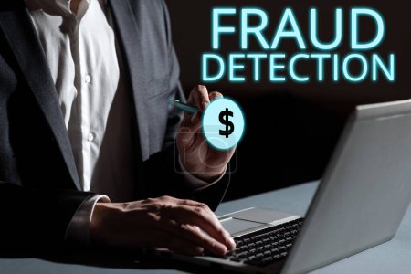 Téléchargez les photos : Texte manuscrit Détection de fraude, aperçu de l'entreprise identification de la fraude réelle ou prévue - en image libre de droit