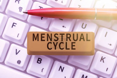 Foto de Signo de texto que muestra el ciclo menstrual, visión general del negocio ciclo mensual de cambios en los ovarios y el revestimiento del útero - Imagen libre de derechos