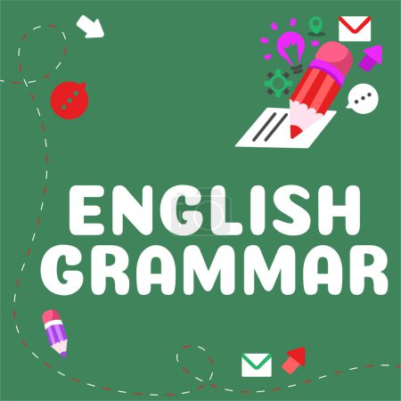 Téléchargez les photos : Affichage de signes Grammaire anglaise, Les cours de photo conceptuelle couvrent tous les niveaux de parler et d'écrire en anglais - en image libre de droit