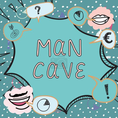 Foto de Leyenda conceptual Cueva del hombre, concepto de negocio una habitación, espacio o área de una vivienda reservada para una persona masculina - Imagen libre de derechos