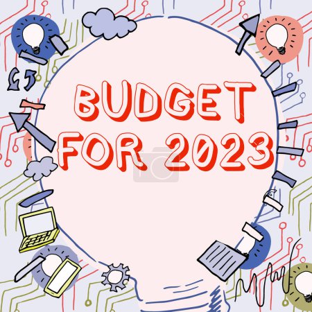 Téléchargez les photos : Légende textuelle présentant le budget pour 2023, Concept d'entreprise Estimation écrite des recettes et des dépenses pour 2023 - en image libre de droit