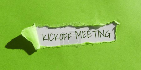Photo for Writing displaying text Kickoff Meeting, Business overview Special discussion on the legalities involved in the project - Royalty Free Image