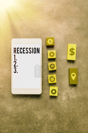 Foto de Signo de texto que muestra la recesión, Palabra para el proceso de disminución progresiva en el crecimiento, período de reducción - Imagen libre de derechos