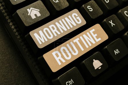 Photo for Text showing inspiration Morning Routine, Word for initiation of consumer interest or inquiry into product - Royalty Free Image