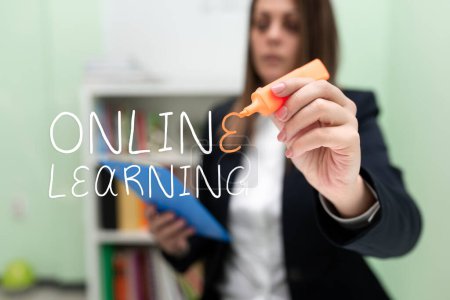 Photo for Text sign showing Online Learning, Concept meaning Larning with the assistance of the Internet and a computer - Royalty Free Image