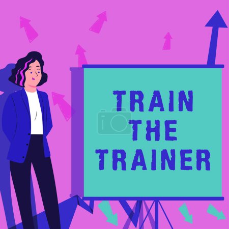 Foto de Letrero que muestra Train The Trainer, palabra identificada para enseñar mentor o entrenar a otros que asisten a clase - Imagen libre de derechos
