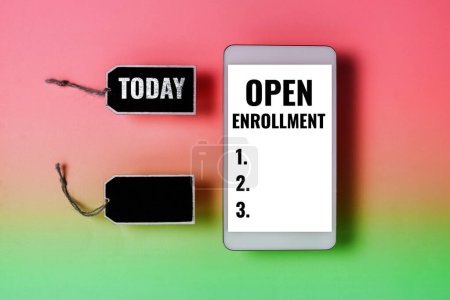 Photo for Text sign showing Open Enrollment, Conceptual photo The yearly period when people can enroll an insurance - Royalty Free Image