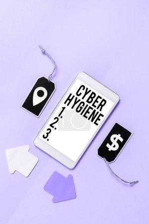 Téléchargez les photos : Signe d'écriture Cyber Hygiène, Mesures de photo conceptuelles que les utilisateurs d'ordinateurs prennent pour améliorer leur cybersécurité - en image libre de droit