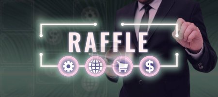 Photo for Inspiration showing sign Raffle, Internet Concept means of raising money by selling numbered tickets offer as prize - Royalty Free Image