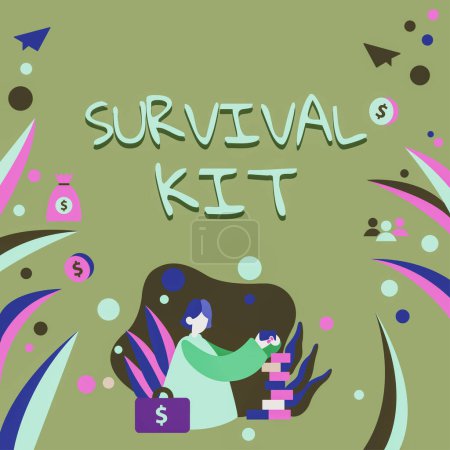 Foto de Texto de escritura a mano Survival Kit, Word Written on Emergency Equipment Colección de artículos para ayudar a alguien - Imagen libre de derechos