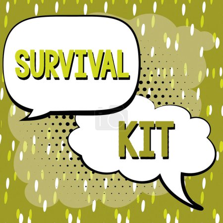 Conceptual caption Survival Kit, Internet Concept Equipo de emergencia Colección de artículos para ayudar a alguien
