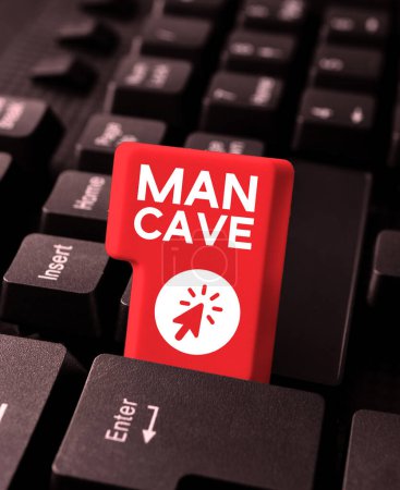 Foto de Señal de escritura a mano Cueva del hombre, foto conceptual una habitación, espacio o área de una vivienda reservada para una persona masculina - Imagen libre de derechos