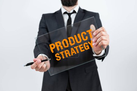 Photo for Text sign showing Product Strategy, Business overview long term plan development of successful product production - Royalty Free Image