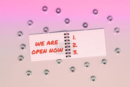 Photo for Text sign showing We Are Open Now, Concept meaning no enclosing or confining barrier, accessible on all sides - Royalty Free Image