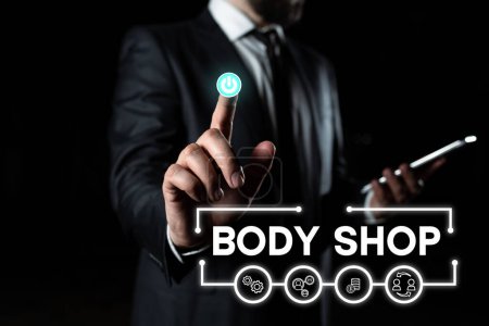 Photo for Text sign showing Body Shop, Business showcase a shop where automotive bodies are made or repaired - Royalty Free Image