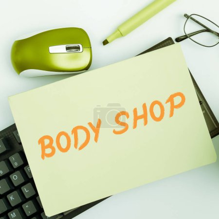 Photo for Text showing inspiration Body Shop, Word Written on a shop where automotive bodies are made or repaired - Royalty Free Image