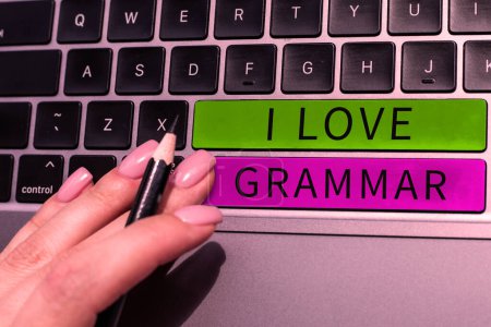 Photo for Hand writing sign I Love Grammar, Internet Concept act of admiring system and structure of language - Royalty Free Image