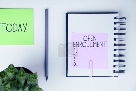 Photo for Text sign showing Open Enrollment, Internet Concept The yearly period when people can enroll an insurance - Royalty Free Image