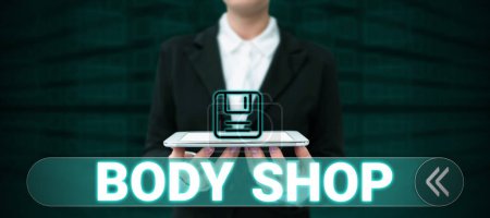 Photo for Hand writing sign Body Shop, Business showcase a shop where automotive bodies are made or repaired - Royalty Free Image