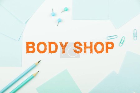 Photo for Conceptual display Body Shop, Word Written on a shop where automotive bodies are made or repaired - Royalty Free Image