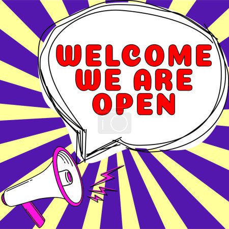 Bildunterschrift: Willkommen wir sind offen, Konzept bedeutet Gruß, Teil einer Arbeitsgruppe werden neue Leute