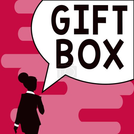 Téléchargez les photos : Panneau affichant boîte cadeau, idée d'entreprise Un petit cointainer avec des dessins capables de manipuler des cadeaux - en image libre de droit