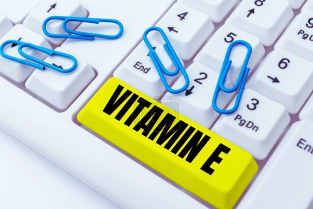 Foto de Signo de texto que muestra la vitamina E, Palabra escrita en Antioxidante Protege el tejido corporal del daño causado por sustancias - Imagen libre de derechos