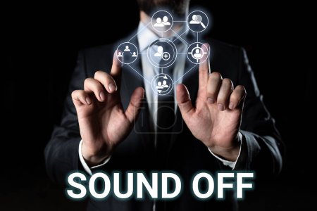Foto de Señal de texto que muestra Sound Off, Concepto que significa No escuchar ningún tipo de sensación producida por la estimulación - Imagen libre de derechos