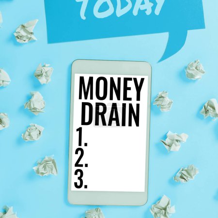 Photo for Text sign showing Money Drain, Concept meaning To waste or squander money Spend money foolishly or carelessly - Royalty Free Image