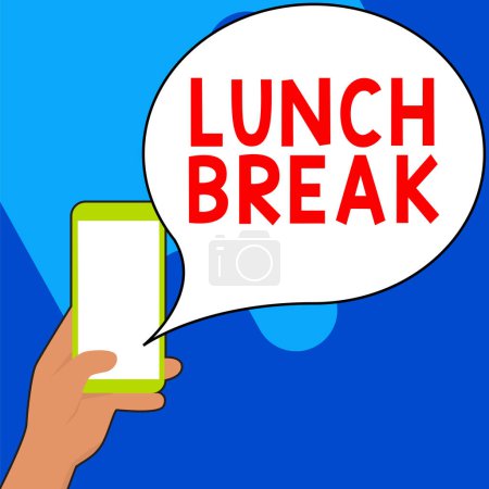 Téléchargez les photos : Panneau affichant Pause déjeuner, Aperçu de l'heure à laquelle une personne cesse de travailler ou d'étudier pour déjeuner - en image libre de droit