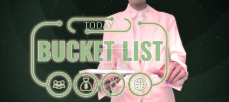 Foto de Texto que muestra la inspiración Bucket List, Concepto de negocio una lista de las cosas que una persona le gustaría hacer o lograr - Imagen libre de derechos