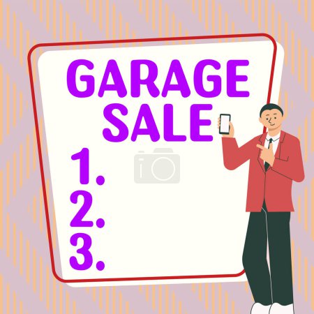 Téléchargez les photos : Panneau texte montrant la vente de garage, approche d'affaires vente d'articles ménagers divers souvent détenus dans le garage - en image libre de droit