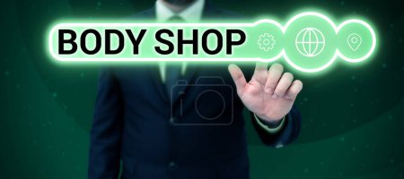 Photo for Conceptual display Body Shop, Business showcase a shop where automotive bodies are made or repaired - Royalty Free Image