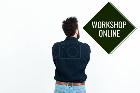 Photo for Writing displaying text Workshop Online, Business showcase room or building in which goods are manufactured repaired - Royalty Free Image