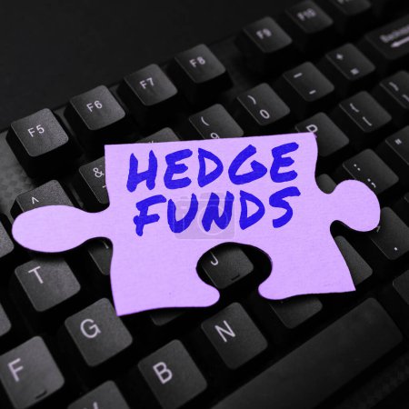 Téléchargez les photos : Écriture de texte Hedge Funds, concept d'entreprise essentiellement un nom de fantaisie pour un partenariat d'investissement alternatif - en image libre de droit