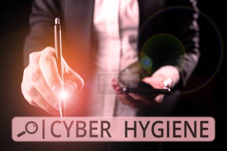 Téléchargez les photos : Signe texte montrant Cyber Hygiene, Business aperçu des mesures que les utilisateurs d'ordinateurs prennent pour améliorer leur cybersécurité - en image libre de droit